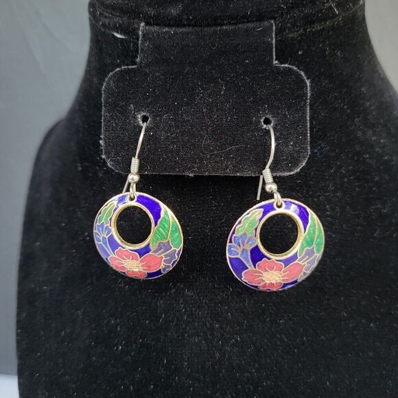 vintage cloisonne earrings on sterling silver hooks 1.5 in - Picture 4 of 4